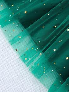 Girls' Long Sleeve Digital Print Dress With Bow & Mesh Patchwork, & Cute Dress For Christmas Party - أخضر - مشاهدة 8