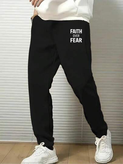 Men's 'Faith Over Fear' Joggers - 50% Cotton, Drawstring Sweatpants, Black With White Letter Print, Comfortable Casual Sports Pants, Suitable For Casual Wear