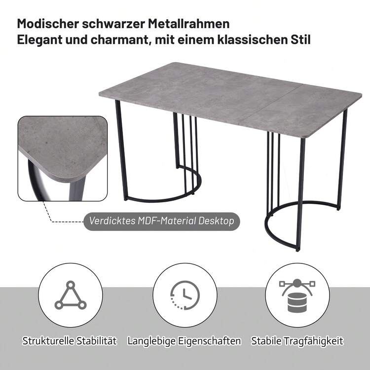 Dining Room Set (5 Pieces), Dining Table With 4 Chairs, Modern Kitchen Table Set, 140 * 80 Cm Kitchen Table With Black Metal Legs, Gray MDF Table Top, Dark Green Velvet Dining Chairs - Grey - View 8