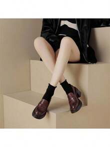 High-Heeled Moccasins With Round Toe And Thick Sole, Versatile Niche High Heels, Elegant Versatile Shoes For Women That Accentuate The Figure And Make It Slimmer.