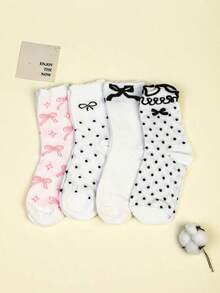 4-Pack Of Women's Mid-Calf Socks With Bow Pattern, Soft And Comfortable, Black And White Color Scheme, Suitable For All Seasons. - 彩色 - 查看 8