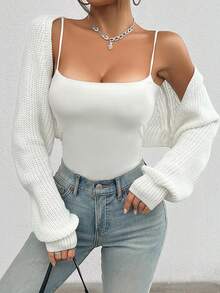 Cárdigan casual tejido de punto acanalado dama mujer manga dolman otoño invierno crop top corto manga larga torera cómoda suave calientita aesthetic ballet diario coquette cozy trenzado - Blanco - Ver 4