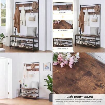 HOMBAZAAR 70.8 Inch Hall Tree Industrial Coat Rack With Storage Bench 3 In 1 Entryway Standing Racks With 7 Hooks Hallway Shoe Rack Storage Shelf For Living Room Bedroom Rustic Brown