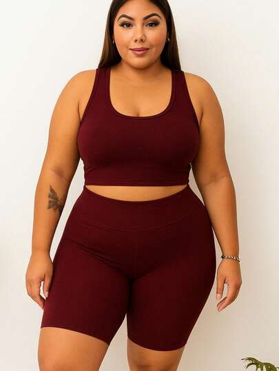 Conjunto Plus Size Bermuda Fitness Cintura Alta + Top Nadador Suplex ótima sustentação Cinza