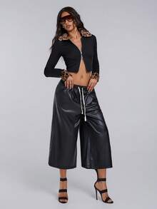 TypaGal 秋冬季摩登时尚新年狂野派对复古优雅性感街头简约女式春秋季豹纹拼接抓绒翻领长袖拉链修身夹克黑色