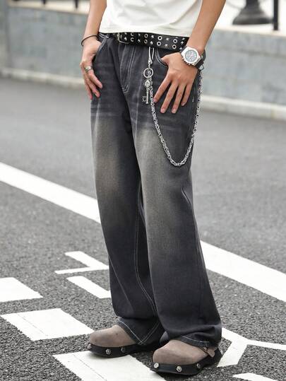 男士复古水洗灰色宽松直筒牛仔裤，四季皆宜的休闲街头风长裤