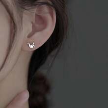Simple Silvery-Plated Paper Crane Stud Earrings For Women - Japanese-Korean Style, Anti-Allergic Copper Material, Suitable For Casual Outfits Or Gifts - Multicolor - View 1