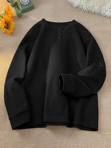 1pc Men's Henley Neck Waffle Knit T-Shirt, Waffle Fabric, Comfortable Casual, Henley Collar, Easy To Wear, Button Detail, Suitable For Daily Wear, Old Money Style - Black - View 3