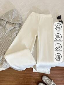 Women's Casual Oversized Rib Knit Embroidered Detail Wide Leg Trousers,Drawstring Solid Color Knitted Loose Pants, Autumn/Winter Cosy Coffee Club Winter Christmas - White - View 9