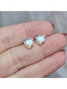 1 Pair Dainty White Opal Rainbow Small Heart Stud,Multi Colored Opal Halo Earrings,For Daily Wear, Parties,And Holidays,Birthstone Earrings,Christmas Gift - 彩色 - 查看 4