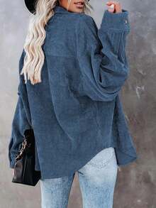 Plus Size Women Corduroy Long Sleeve Casual Shirt - Blue - View 2