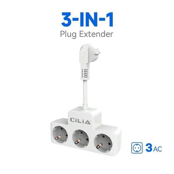 CILIA 1/2pcs Plug Power Strip, Power Extender, 3-In-1 Outlet Adapter With 10cm Extension Cord, Simple & Portable, Suitable For Home, Office, Industrial, White/Black