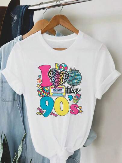 Camiseta gráfica retro de mujer de  90 - "Me encantan  90" Diseño de corazón y globo colorido, camiseta casual de manga corta con cuello redondo, ligera mezcla de para primavera/verano, camisetas vintage  100% algodón