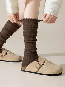 1/5 Đôi tất nữ thu/đông, kiểu Hàn Quốc đơn giản, viền bèo nhún màu trơn, dài đến bắp chân, đa năng cho phong cách Y2K, kết hợp với bốt đi xe, tất ấm áp - Nhiều màu - Xem 4