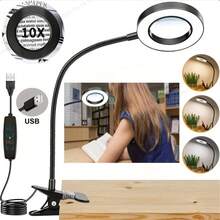Lampă de birou LED reglabilă cu lupă - reglabilă, gât de lebădă flexibil, rotație la 360°, lupă 10X, alimentată prin USB, 3 moduri de iluminare, reglare a luminozității pe 10 niveluri, potrivită pentru citit, muncă la birou și meșteșuguri - iluminare cu clips care protejează ochii