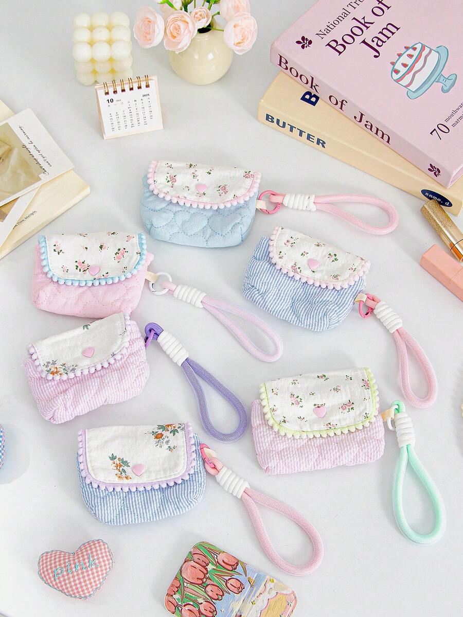 1 Piece Cute Embroidered Love-Shaped Pattern Card Bag Cute Strip Print Bluetooth Headphone Storage Bag Mini Makeup Hanging Bag Pink Floral Pattern Makeup Pouch Colorful Wrist Band Coin Purse Flip-Up Design ID Card Organizer Bag Charger Bag Charger Case Waterproof Bag For Women For Men Electronic Organizer Travel Essentials