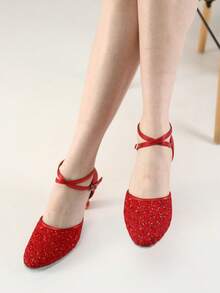 女士拉丁舞鞋亮片包头舞鞋交谊莎莎舞厅练习表演舞鞋婚礼派对高跟红色舞鞋 - 紅色 - 查看 3