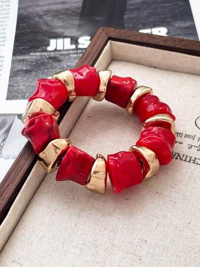 1 Piece Of Vintage Bohemian Style Thick Acrylic Red And Gold Bead Bracelet, Luxurious And High-End, Suitable For Women, Couples, Parties, Daily Wear
