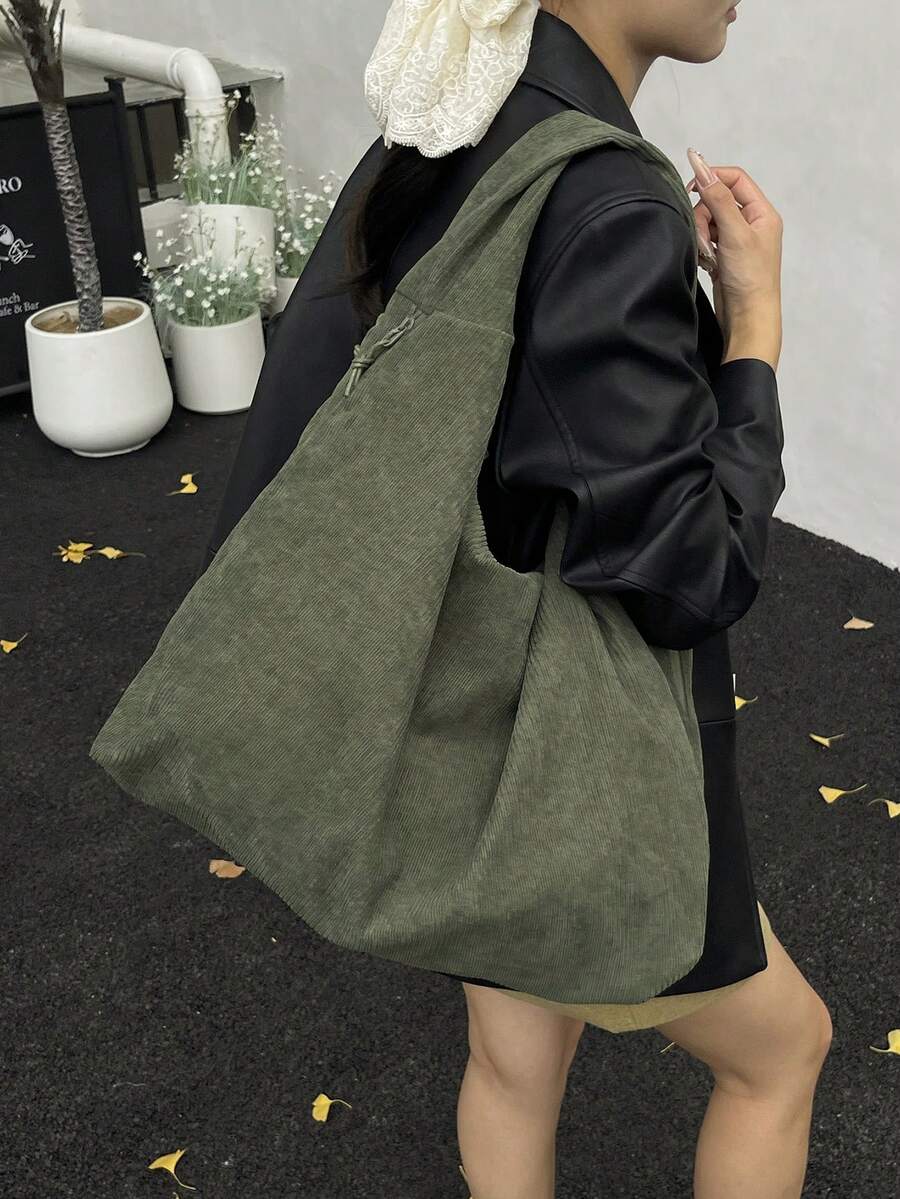 2025 Autumn/Winter New Fashion Corduroy High-Capacity Multi-Pocket One Shoulder Underarm Tote Bag - Green - View 1