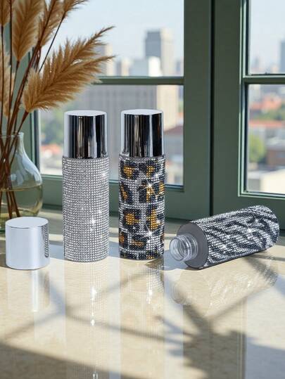 Lunar Glow 100ml Elegant Rhinestone Refillable Dispenser - 3.38OZ Crystal-Studded Leakproof Bottle, Portable Travel Toiletry Container With Precision Cap | Luxury Cosmetic Organizer, For Makeup Remover & Toner, Aesthetic Bath & Body Lotion Container