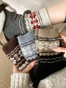 4 双复古条纹羊毛混纺厚款保暖中筒袜，日式拼色雪花图案中筒袜，冬季