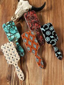 1支西部牛仔风格绿松石牛头闪电印花大号气垫发梳，美发造型工具，头皮按摩梳，日常使用，发梳，后梳，造型梳，卷发梳，边缘梳，梳子，梳头，发梳套装，梳子，卷发梳，解结梳，女士发梳，头发，旅行，美发产品，美发工具，美发用品，理发师，理发师配件，理发店，美发设备 - 彩色 - 查看 2