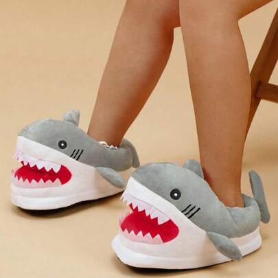 2025秋冬新款卡通拖鞋，万圣节和圣诞节礼物，女士可爱毛绒保暖舒适轻便防滑厚底室内派对情侣灰色鲨鱼保暖冬鞋