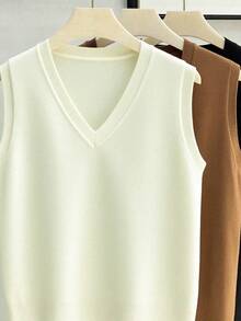 Men's V-Neck Knitted Sweater Vest, Solid Color, Classic Style, Slim Fit, Versatile, Fall/Winter, Long Sleeve Top - Apricot - View 7