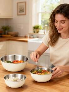 Powcan Stainless Steel Mixing Bowl Set, 3-Piece Nesting Bowls For Cooking, Baking, Salad, And Meal Prep | Stackable Design, Easy To Clean, Durable And Versatile For Kitchen Use - Off-white-3-piece Set - View 9