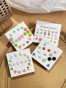 Set de 7/9/12 pares de pendientes de botón de resina con diseño de rosas y girasoles en 3D, adecuados para familia, amigos, uso diario y como regalo - Unitalla - Ver 2