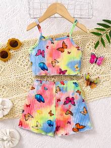 女童可爱蝴蝶印花扎染无袖背心和短裤套装，夏季新款休闲服装套装，花卉印花吊带背心婴幼儿服装 - 彩色 - 查看 2