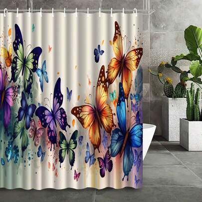 1 pieza Cortina de ducha de estilo moderno con estampado de mariposa batik creativa, de tela de poliéster impermeable, para decoración del hogar y de vacaciones, decoración y accesorios de baño, perfecta para hotel y hogar