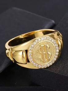 Hip-Hop Avant-Garde Large Dollar Sign Men's Ring With Sparkling Synthetic Cubic Zirconiaia Stones, Golden-Tone Statement For Parties, Christmas, Halloween & Daily Wear - Perfect Gift For Men, Hip Hop, Party Accessory, Design, Luxurious Appearance