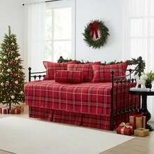 Southshore Fine Living, . - Juego de edredón para cama individual, 6 piezas, juego de cama estilo bohemio con funda para sofá cama, 3 fundas de almohada, falda de cama, juego de edredón de día,(Individual Rojo tartán) - Tipo 8 - Ver 2