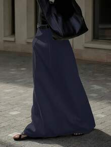 女士休闲梭织A字长裙，带口袋，无弹力，春季款 - 藏藍 - 查看 2