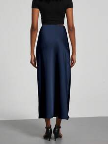 Se-Helo 女士时尚通勤百搭小码弹力缎面质感季节性缎面半身裙 - 海军蓝 春季 - 藏蓝色 - 查看 7