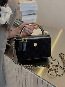 编织纹理手提包女士，Y 链带方形斜挎包，百搭海滩度假包，春夏 - 黑色 - 查看 5