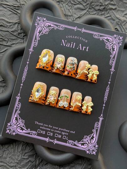 10pcs Y2K Glamorous Style Duckbill-Shaped Nail Stickers, Handmade, With Gold Leopard Print, Decorated With Cute Bears And Wreaths, Gold Bows And Crosses. Medium-Length Cherries And Roses, Suitable For Women And Girls, Perfect For Holiday Wear, Attending Events, DIY Nails, Including A Tool Kit. Almond-Shaped Nails. Handmade Nail Stickers. Fake Nails. Nail Supplies.