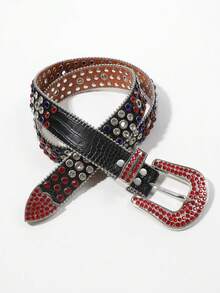 1 pieza Cinturón de mujer de estilo Punk Y2K con hebilla de cristal rhinestone ajustable, con efecto de piel de cocodrilo en PU, adecuado para la calle, salidas, viajes y vacaciones