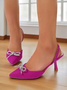 Sandalias de Fiesta únicas y Elegantes con Tacón Puntiagudo y Lazo de Cristales Brillantes para Mujer. Tacones Altos, Elegantes y Versátiles, Ideales para Cualquier Ocasión Especial - Rosa Fucsia - Ver 3