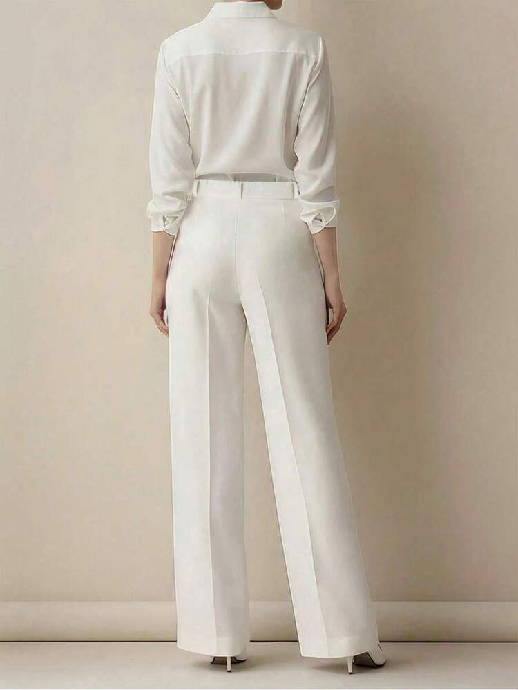 Nuevos pantalones de traje minimalistas de pierna recta y acampanada de talle alto para mujer - Blanco - Añade 3