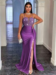 CHOSMO Đầm dạ hội, đầm dài dự tiệc cạp cao, hở lưng, đính sequin, xẻ tà bên và thắt lưng satin, thanh lịch cho ngày Valentine, Giáng sinh, các dịp trang trọng, đám cưới, tiệc mùa xuân. - Màu tím đậm - Xem 2