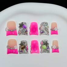 10 Pieces Y2K Retro Cute Press On Nails, Handmade Reusable Transparent Color Block Bases, Checkerboard Hearts, Rhinestone Candy Bling, Daily Retro Parties Summer Easter - Nhiều màu - Xem 3