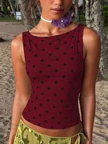 Damen Polka Dot ärmelloses Lässig Tank Top, sexy & modisch, geeignet für Straße, Party, Nachtclub Tragen im Sommer - Bordeaux - Übersicht 5