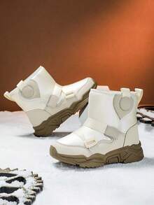 1 Pair Kids Winter High-Top Snow Boots, Warm Snow Boots With Water-Resistant Upper, Anti-Slip And Durable Sole, Soft And Comfortable, Suitable For Winter Outdoor Snow Activities, Fashionable White Color For Boys And Girls - White - View 9