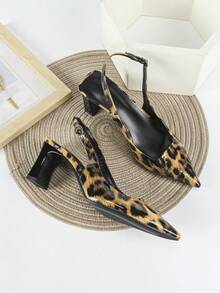 Women's Sexy Leopard Print High Heel Pumps, Thick Heel Dress Shoes, Slip-On Pointed Toe Sandals,Kitten Heels