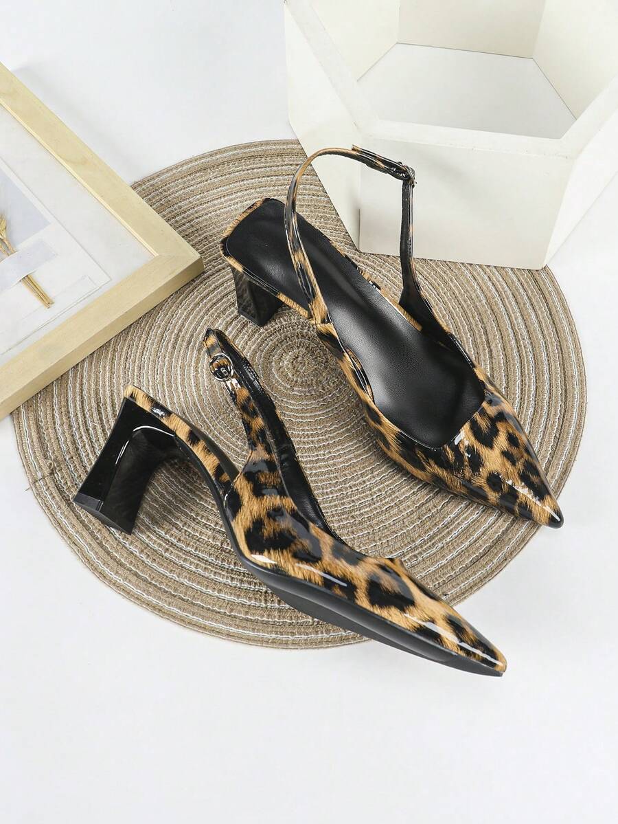 Women's Sexy Leopard Print High Heel Pumps, Thick Heel Dress Shoes, Slip-On Pointed Toe Sandals,Kitten Heels
