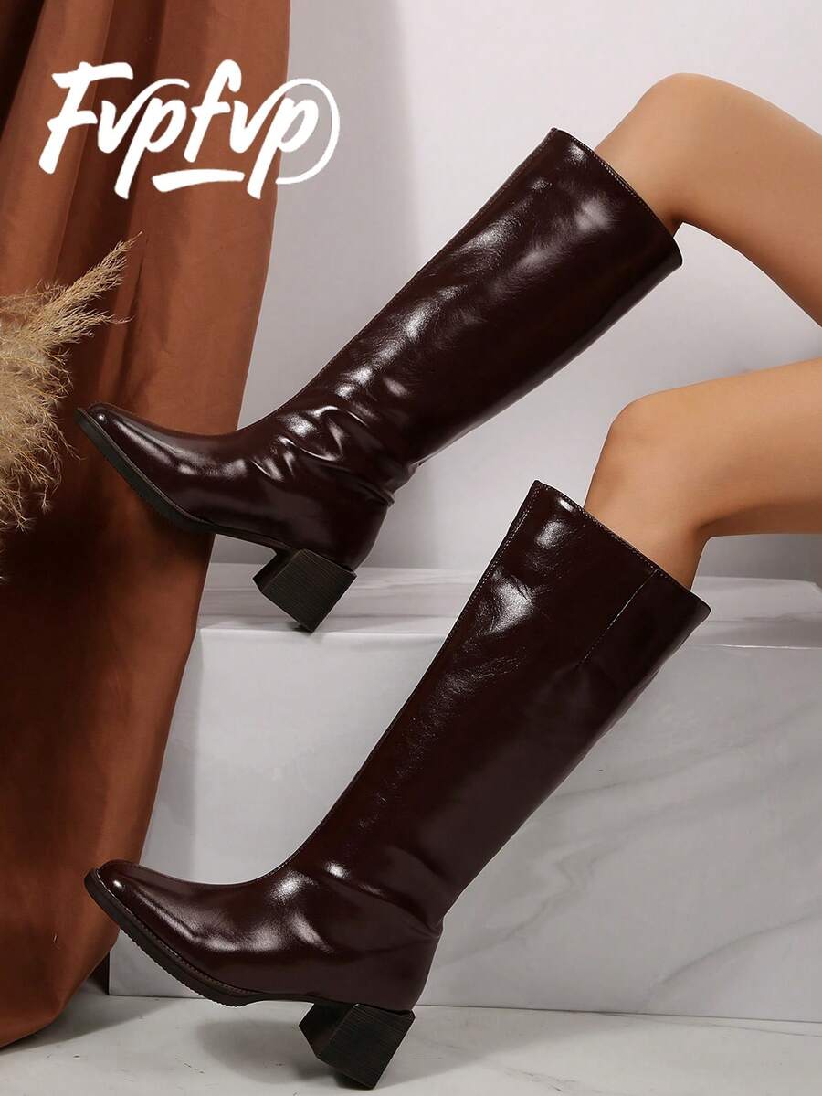 FVPFVP Fall/Winter Forest Bay New Square Toe Chunky Heel Thigh High Elastic Boots, Slim Fit Real Leather Tall Fashion Boots,Burgundy Heels - Coffee Brown - View 1