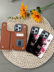 GALLAPLE Wallet - Style Mobile Phone Case Luxury Rose Flower Pattern Phone Case With Butterfly Design Protective Cover, Slim Fit Shockproof Bumper Fashion Cute Floral Art Print Protective Case For Women, Phone Case Comes With A Magnetic Slot Holder, Making It More Convenient To Store ID Cards For IPhone 17Promax 17Air 17Pro 17 16Promax 16 15 14 13 12 Plus Pro S25Ultra 25 24 23 22 Plus Case - 黑色 - 查看 3