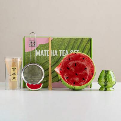 Cabin Kangaroo 1 Set Hand-Painted Watermelon Matcha Bowl Tea-Making Tool Set, Ceramic Chasen, Matcha Whisking Tools, Salad Bowl With Spout, Combined Set Of Tea-Making And Salad Utensils, Matcha Foam, Unique Salad Bowl, Exquisitely Designed Salad Bowl, Unique Tea-Making Set, High-Quality Ceramic Chasen